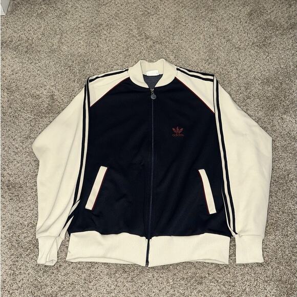 Vintage Adidas 80s Track Jacket Trefoil Logo Size XL Red Cream Full Zip - Picture 1 of 4